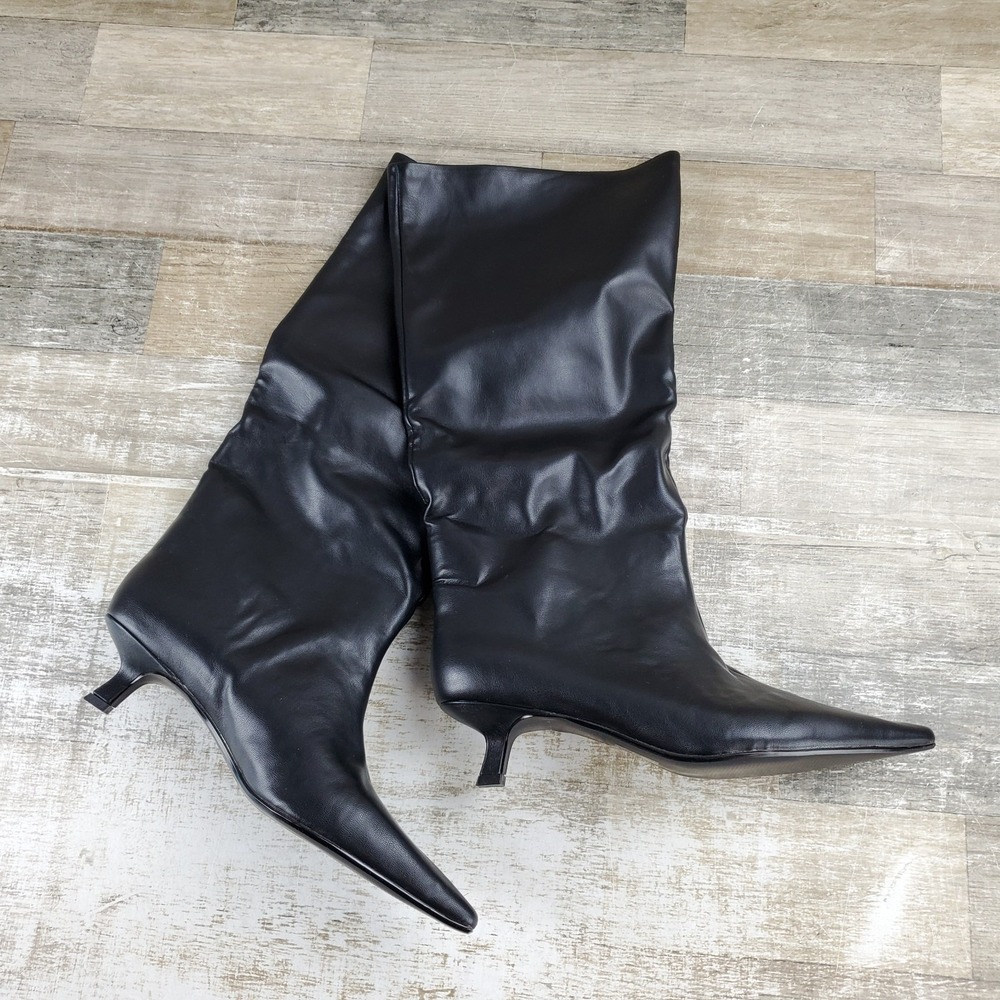 Aldo Womens Knee High Boots Sz 8 Black Leather Pointed Toe Kitten Heel Pull On